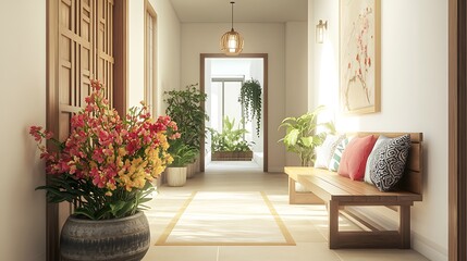 cozy modern hallway with wooden bench vibrant flowers and pillows offering a warm and welcoming space designed with stylish decor and natural home elements