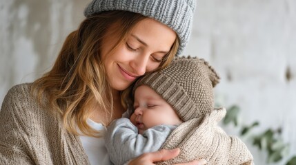 Obraz premium Joyful young mom cradles her adorable baby in cozy indoor setting