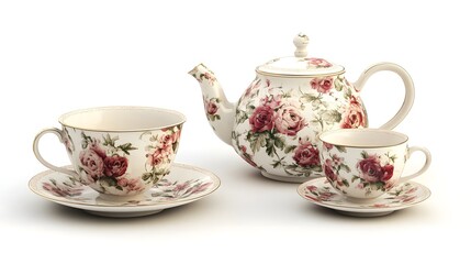 Elegant Vintage Tea Set with Floral Design on White Background