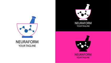Biotech Molecule Logo with Mortar Pestle for Medical, Pharmacy, Chemistry, and Neuroscience Branding