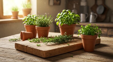 Rustic Kitchen Herbs: Fresh Rosemary, Thyme, and Basil - A rustic kitchen scene featuring fresh herbs in terracotta pots on a vintage wooden table. Symbolizing freshness, homegrown goodness