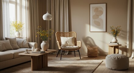 Scandinavian Living Room Tranquility - Minimalist Scandinavian design, natural textures, rattan chair, warm lighting, peaceful atmosphere. Symbolizes calmness, serenity, nature, simplicity, warmth