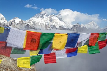 Mount Everest peak with buddhist prayer flags