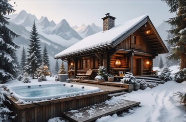 Fototapeta premium A cozy log cabin nestled in a snowy mountain range, complete with a steaming hot tub on a wooden deck. The scene is idyllic and peaceful, perfect for a winter getaway.