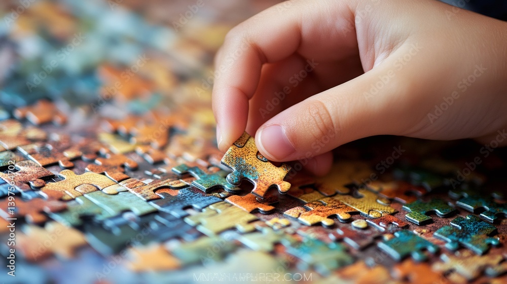 Aufkleber close up of a child's hand placing the last piece of a colorful jigsaw puzzle, completing the image 