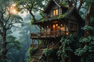 A charming wooden treehouse nestled amongst lush green foliage, bathed in the warm glow of the setting sun.  Sunlight filters through the canopy, casting a magical ambiance.