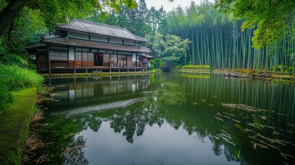 Fototapeta premium Japanese House Reflection Pond Misty Bamboo Forest