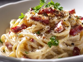 A close-up, mouthwatering shot of spaghetti carbonara. The pasta is perfectly cooked, coated in a creamy, savory sauce, sprinkled with fresh parsley.