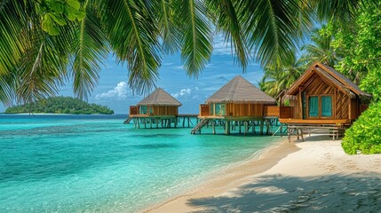 Tropical overwater bungalows on a pristine beach, palms, turquoise water, islands in the background