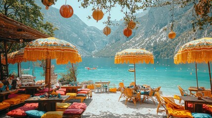 Lakeside cafe with vibrant umbrellas and colorful seating
