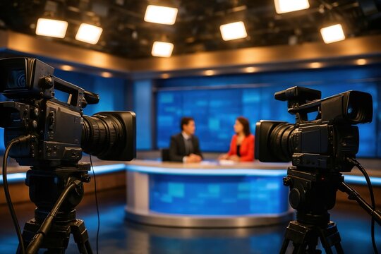Modern professional television news studio with two anchors discussing latest topics during live broadcast under bright studio lights