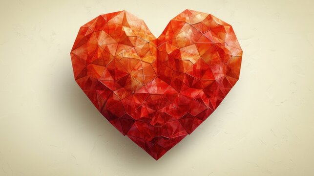 Low-poly red heart shape, geometric design, watercolor texture, love symbol, Valentine's Day. - Powered by Adobe