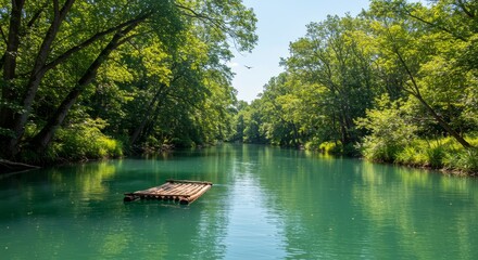 Serene River Scene with Bamboo Raft - Tranquil of a calm river flowing through lush green foliage, with a simple bamboo raft gently floating on the water