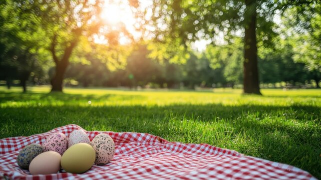 A joyous Easter family picnic scene unfolds on a sunny day in a lush green park, featu colorful decorated eggs resting gently on a cheerful red and white checkered picnic