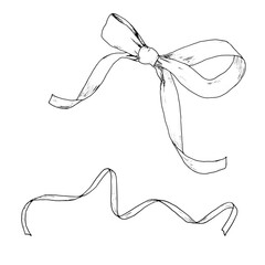 A set of bows and ribbons with curly curls for holidays and gifts. Black and white vector illustration. Hand-drawn ink bow sketch in a simple style for birthday, wedding or Christmas celebrations.