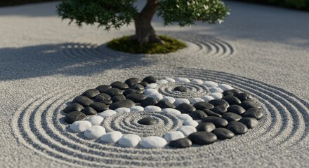 Naklejka premium Serene Zen Garden Design - Tranquil scene of a zen garden featuring a yin yang symbol crafted from smooth stones, under a small bonsai tree