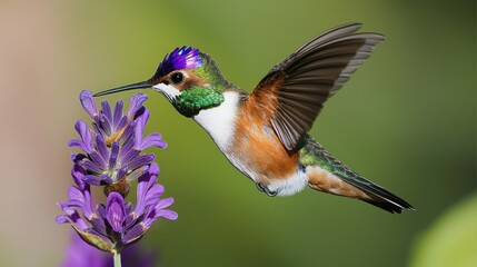 Hummingbird in flight, feeding on lavender flower, soft-focus background
