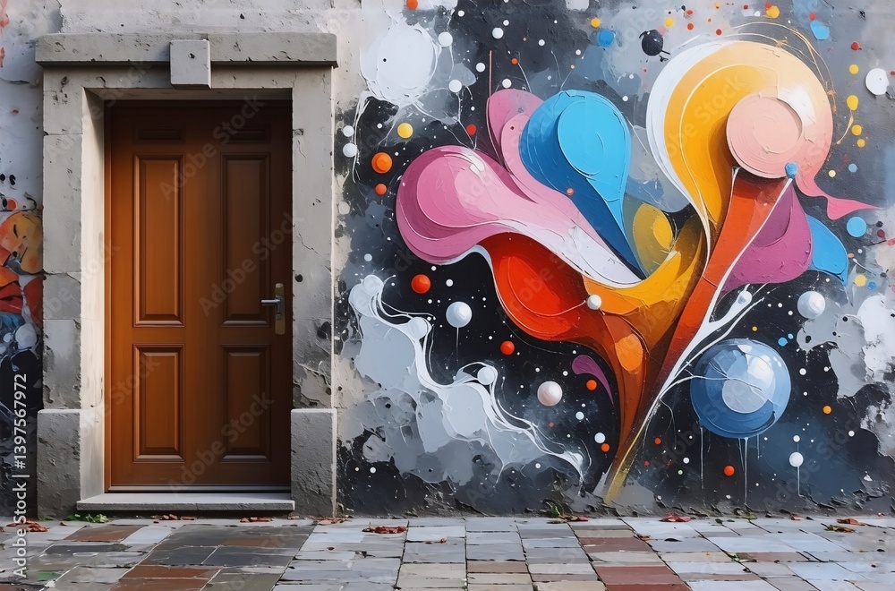 Poster A vibrant, abstract mural explodes with color beside a simple brown door.  Swirling shapes and floating orbs create a dynamic, cosmic scene on a weathered wall.