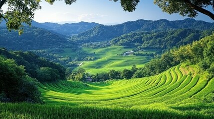 Obraz premium Lush terraced rice paddies, mountain valley, serene rural landscape