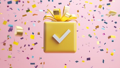 Yellow gift with confetti and a 3D check mark icon, ideal for celebration visuals