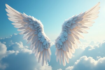 A pair of delicate angel wings resting against a cloudy sky with soft, white clouds and blue hues , angels, sky