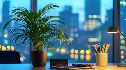 Obraz premium Night city view from modern home office desk with plant