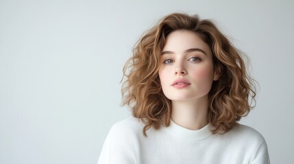 A young woman with curly hair gazing thoughtfully into the camera, wearing a white sweater, minimalist studio setting with soft lighting, and portrait concept.