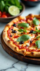 Artisanal pizza with various toppings on a marble surface , food arrangement, marbel table, artisanal pizza
