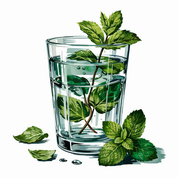 mint leaves in glass of water clip art preview