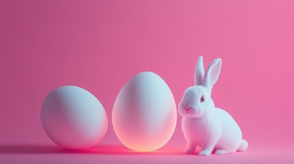 Obraz premium A trendy modern Easter design featu a white rabbit and two glowing eggs on a vibrant pink neon background perfect for sp holiday celebrations and festive decorations.