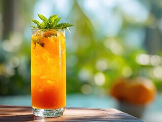 A vibrant cocktail, adorned with fresh mint sprigs, glistens in a tall glass, the refreshing beverage an inviting symbol of summer relaxation. 