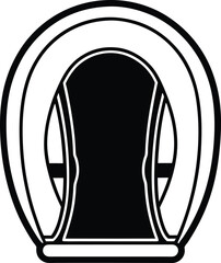 A black and white, stylized horseshoe-shaped object.