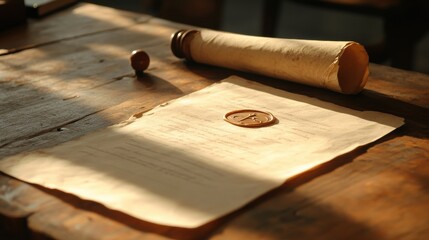 Fototapeta premium A legal document sealed with wax and resting on an antique wooden desk.