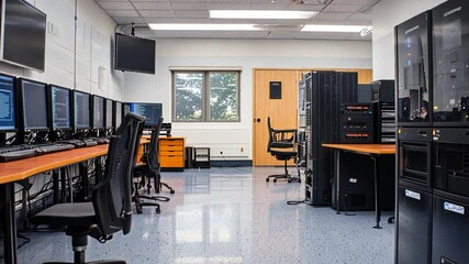 Modern computer lab with multiple workstations, monitors, and organized furniture for learning - Powered by Adobe