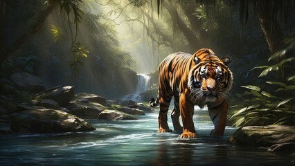 A majestic tiger with striking orange and black stripes is seen running through water