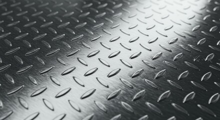 Fototapeta premium Steel Diamond Plate Texture - Close-up view of a metallic diamond plate surface with subtle reflections and shadows. High-resolution texture ideal for industrial or design backgrounds
