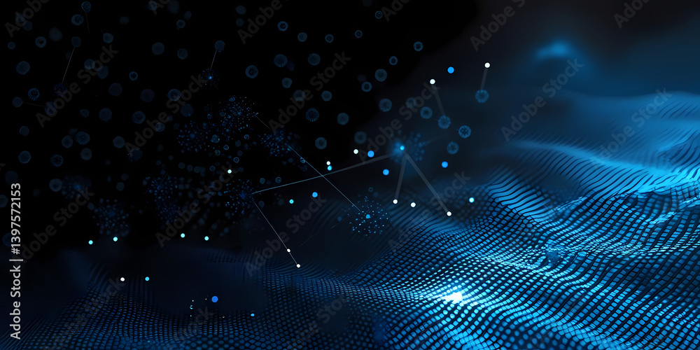 Wall mural abstract glowing particle connections on wavy surface