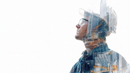 Double Exposure of Engineer on Construction Site in Urban Setting