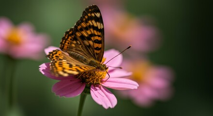 Summer Garden Butterfly on Pink Flower - A beautiful butterfly with intricate wings delicately rests on a vibrant pink flower, symbolizing nature's beauty, tranquility, transformation, ephemerality