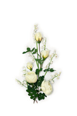 Flowers white small roses, white flowers Lily of the valley ( Convallaria majalis ) on a white background. Top view, flat lay