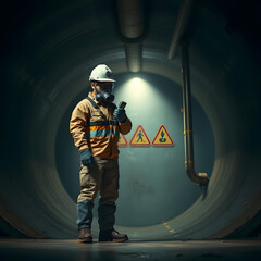 Industrial worker with protective gear checking conditions in confined space