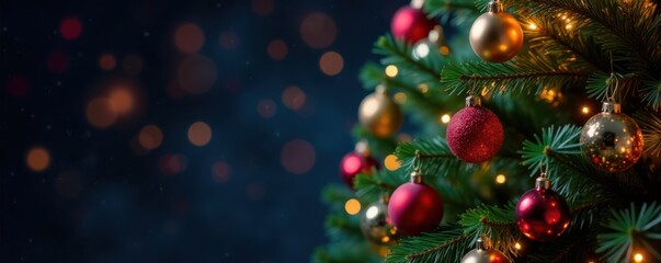 Fototapeta premium Christmas tree with colorful ornaments and lights, Lights, , Christmas Tree