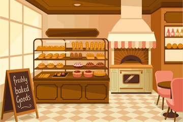 Small vintage bakery with a glass display case of bread and pastries, checkered tile floor, handwritten chalk menu, retro oven, and cozy mid-century furniture. Vector flat interior illustration