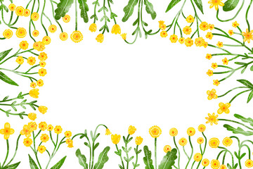 Horizontal border frame for wedding hand drawn blooming branches, twigs, leaves, yellow flowers on a isolated background. Watercolor hand drawn illustration card