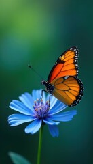 Fototapeta premium Butterfly resting on a blue flower, blue watercolor butterfly, butterfly