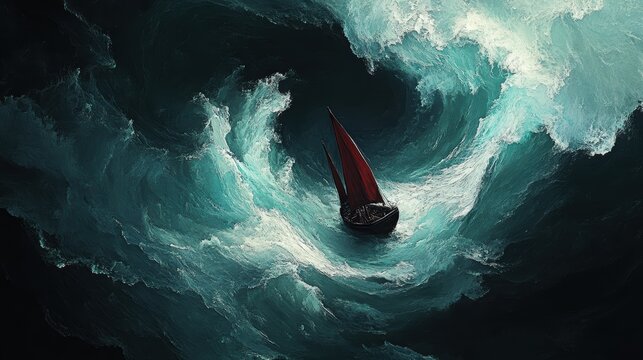 A stormy ocean with a small boat navigating through a crisis.