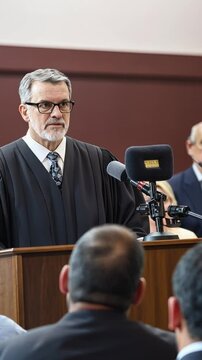 Judge speaking at podium in courtroom