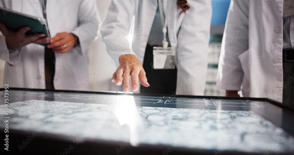Poster scientist, people and hands with screen for research review, medical lab and innovation. computer ta