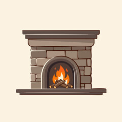 Fototapeta premium Stone Fireplace with Burning Firewood. Vector Image