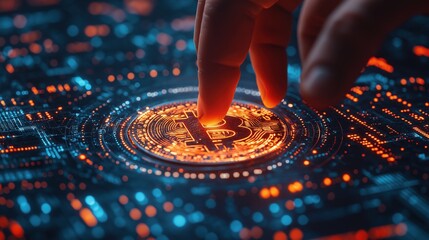 Naklejka premium AI hand reaches out to grasp a glowing Bitcoin in a dynamic trading interface with vibrant colors